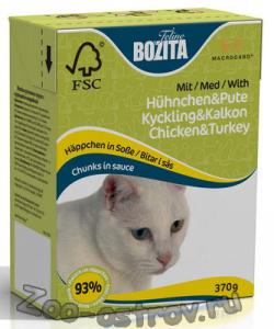 BOZITA:> Корм для кошек Bozita Tetra Pak Кура и индейка в соусе для взрослых кошек консервы 370гр .В зоомагазине ЗооОстров товары производителя BOZITA (БОЗИТА) Швеция. Доставка.
