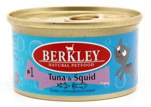 Berkley:> Корм для кошек Berkley  №1 тунец с кальмаром консервы 85г .В зоомагазине ЗооОстров товары производителя Berkley (Беркли) Тайланд. Доставка.