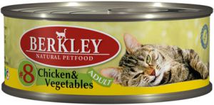Berkley:> Корм для кошек Berkley цыпленок с овощами  №8 консервы 100г .В зоомагазине ЗооОстров товары производителя Berkley (Беркли) Германия. Доставка.