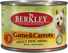 Berkley:> Корм для собак Berkley дичь (оленина) с морковью  №10 консервы 200г .В зоомагазине ЗооОстров товары производителя Berkley (Беркли) Германия. Доставка.