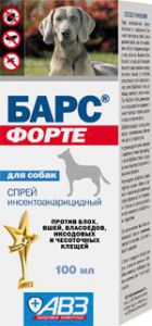 Барс:> Спрей от блох и клещей БАРС ФОРТЕ для собак 100мл .В зоомагазине ЗооОстров товары производителя АгроВетЗащита (АВЗ) Россия. Доставка.