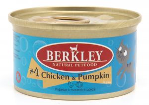 Berkley:> Корм для кошек Berkley  №4 курица с тыквой консервы 85г .В зоомагазине ЗооОстров товары производителя Berkley (Беркли) Тайланд. Доставка.