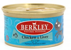 Berkley:> Корм для кошек Berkley  №5 курица с печенью консервы 85г .В зоомагазине ЗооОстров товары производителя Berkley (Беркли) Тайланд. Доставка.