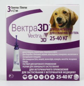 3d vectra (3д Вектра):> 3d vectra Раствор для борьбы с эктопаразитами Вектра 3D для собак 25-40кг 3ппт по 4,7мл .В зоомагазине ЗооОстров товары производителя Ceva(Сева), Франция. Доставка.
